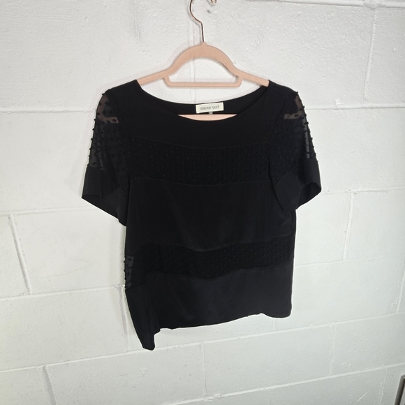 Amour Vert Black Swiss Dot Silk Short Sleeve Blouse Usa - Picture 2 of 7